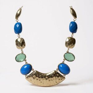 Gold Tone Hammered Pendant Royal Blue Lucite Bead Necklace Post Ball earring Set
